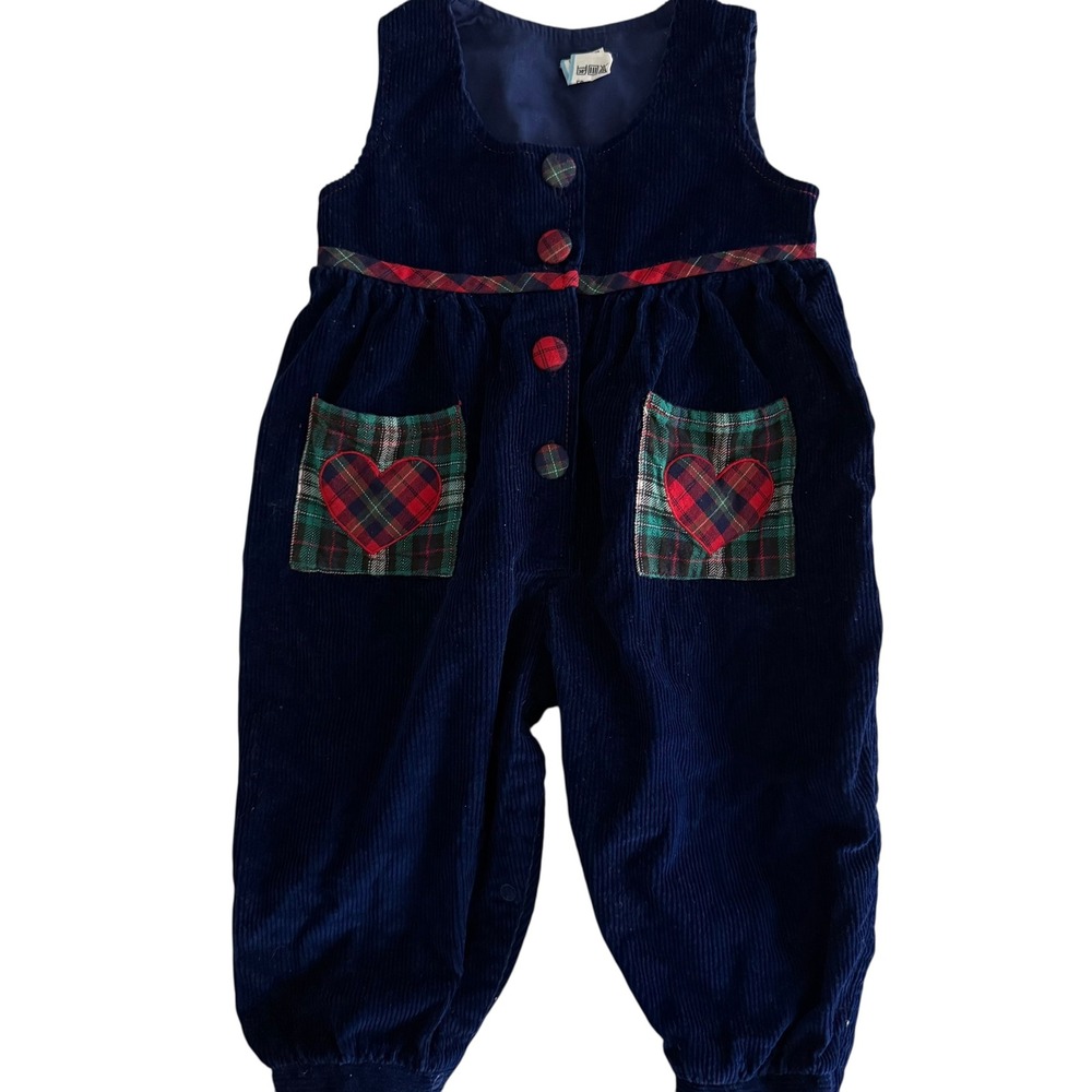 VINTAGE Blue Corduroy Plaid Heart Patch Pocket Girls Romper, 18M